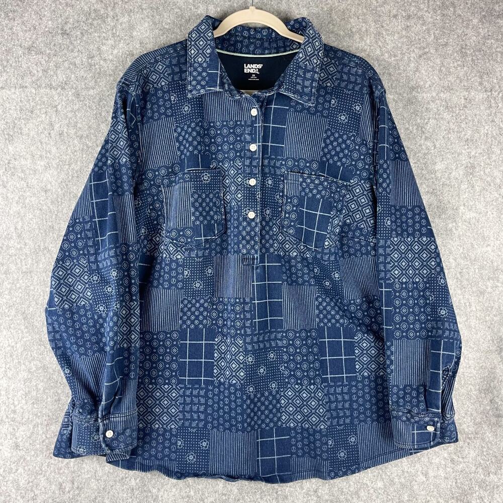 Lands End Stretch Denim Tunic Top Womens 2X Blue Patchwork Print Heavy Artsy